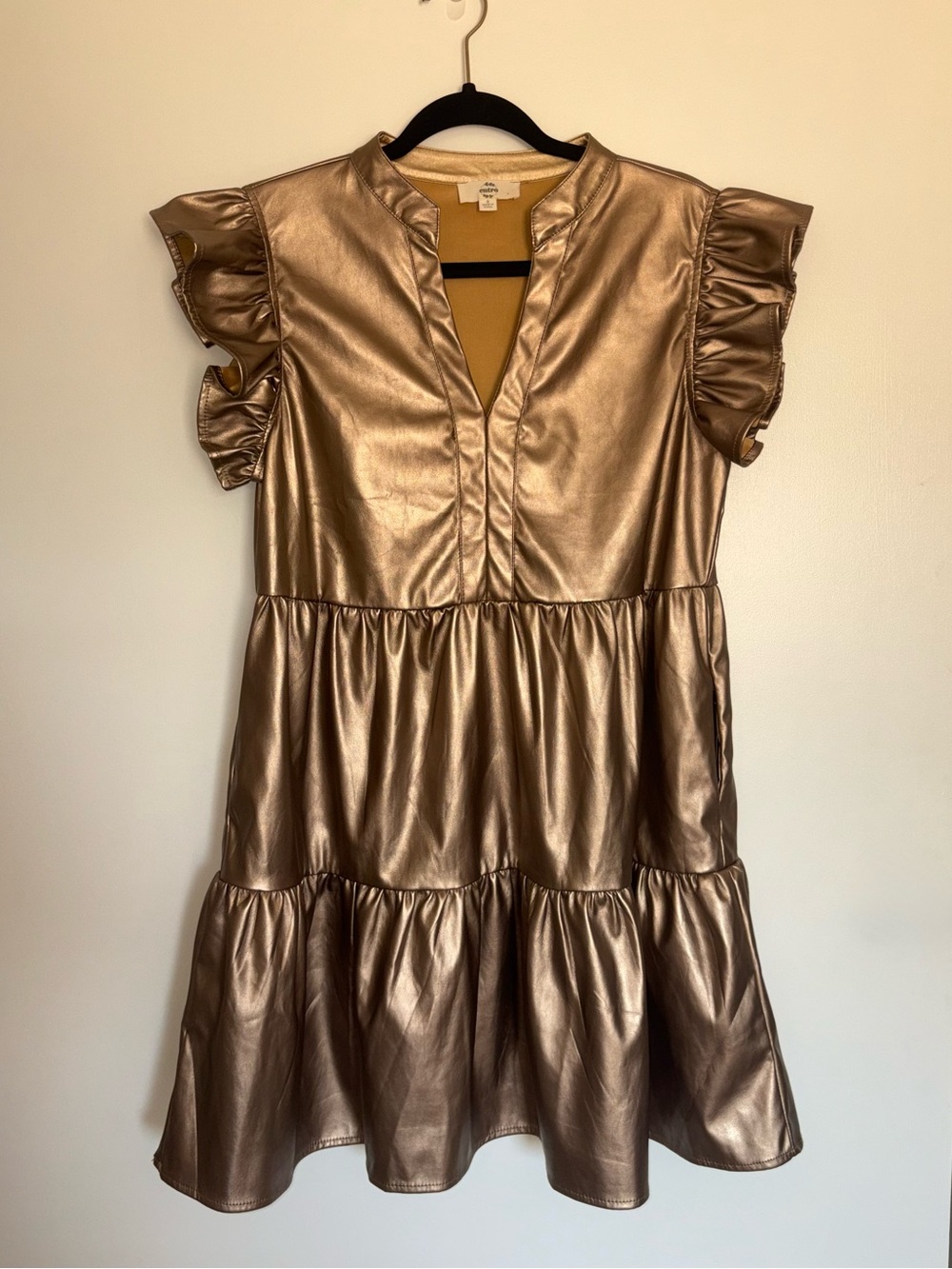 ENTRO Womens Short Ruffle Sleeve V-Neck Pleather Mini Dress